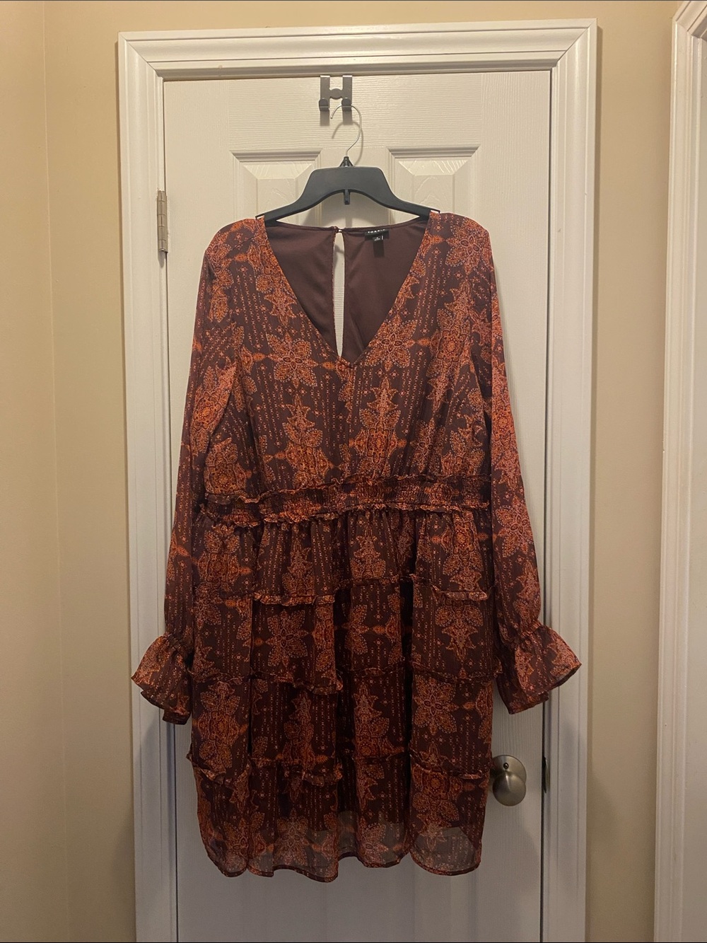 torrid Brown and Orange Floral Tiered V-Neck Long-Sleeve Dress